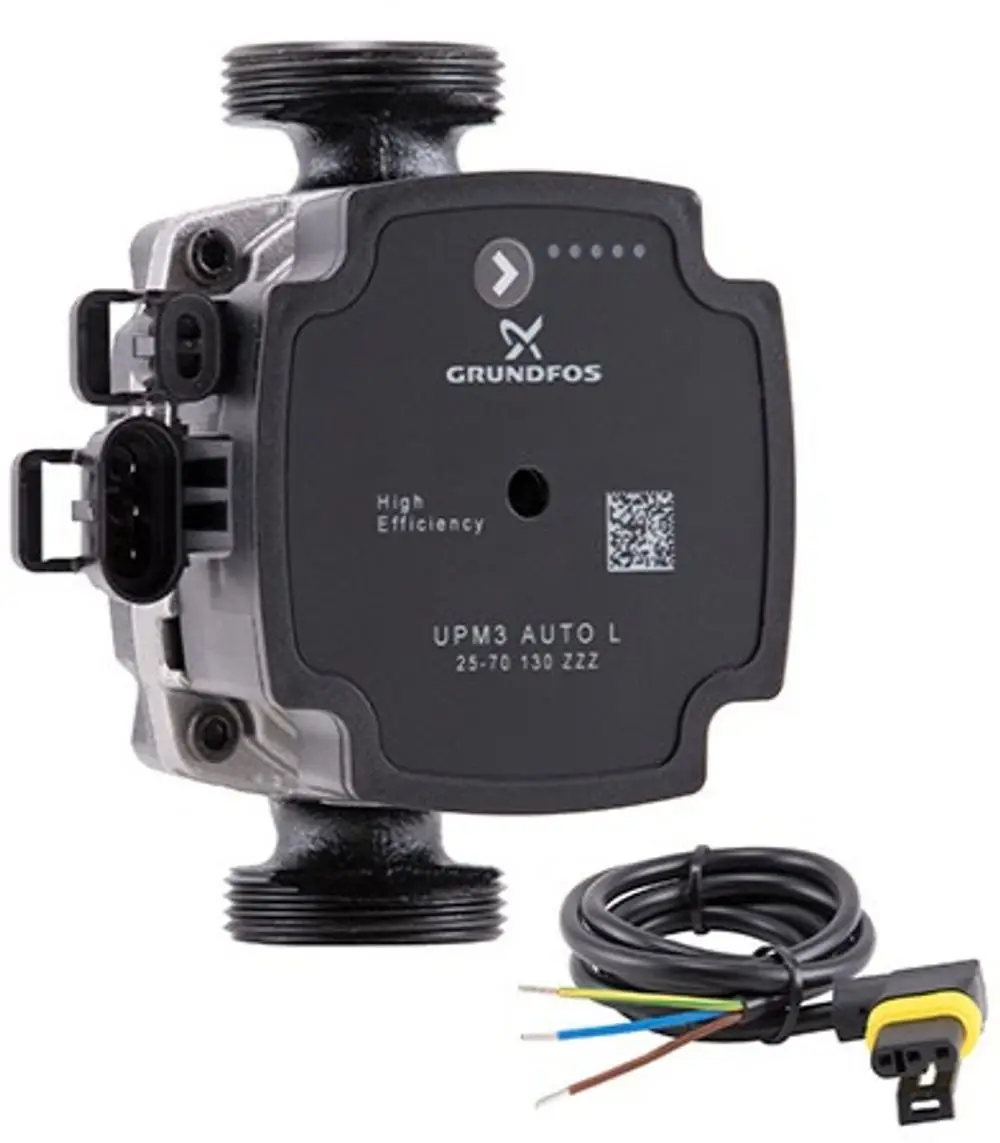 Ersatzpumpe von Grundfos mit elektrischen Anschlüssen und einer Verbindung zur Heizungsanlage. Geeignet für den Einsatz in Heizsystemen.